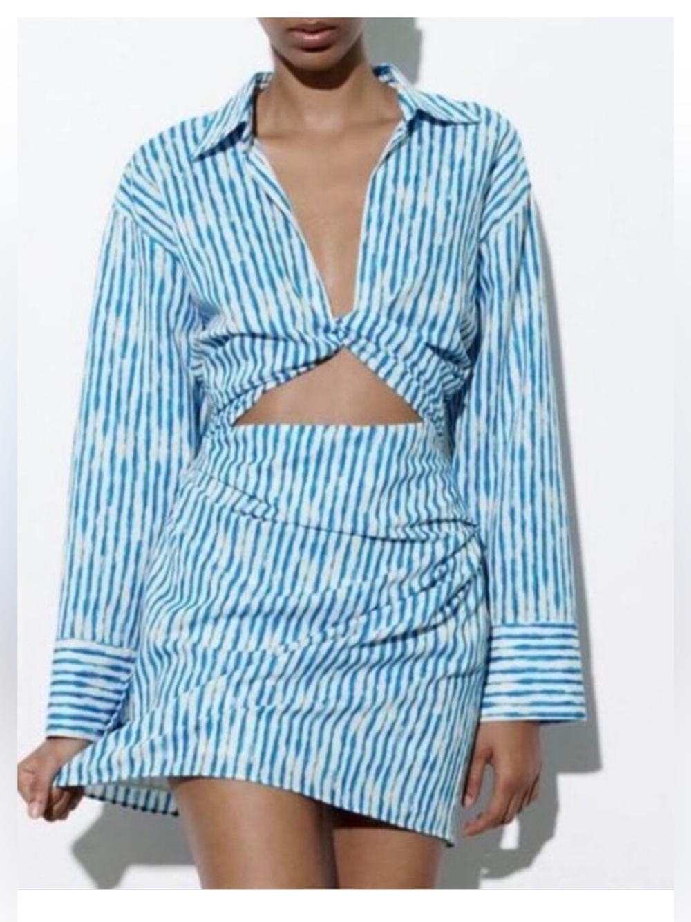 Zara Blue & White Striped Twist Front Crop Top and Mini Dress